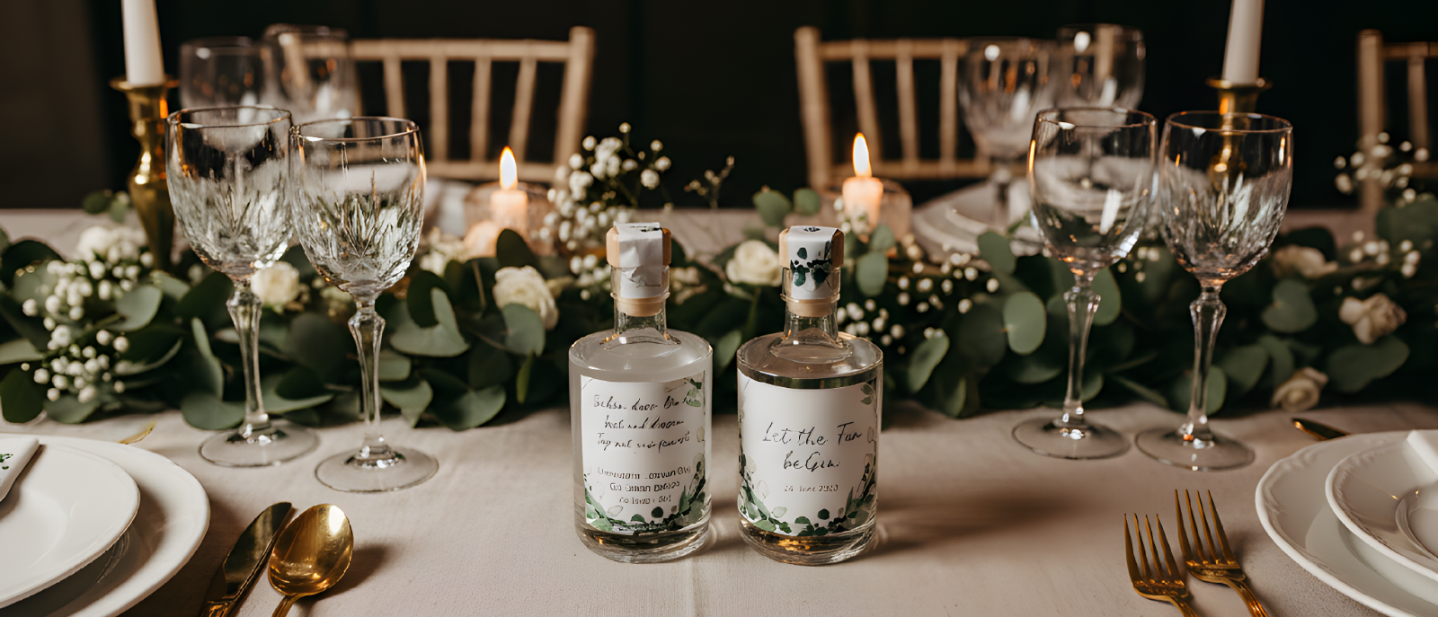 Personalisiertes Gastgeschenk zur Hochzeit: 50ml Spirituosen-Mini mit elegantem, schlichtem Etikett auf einer festlichen Tafel.