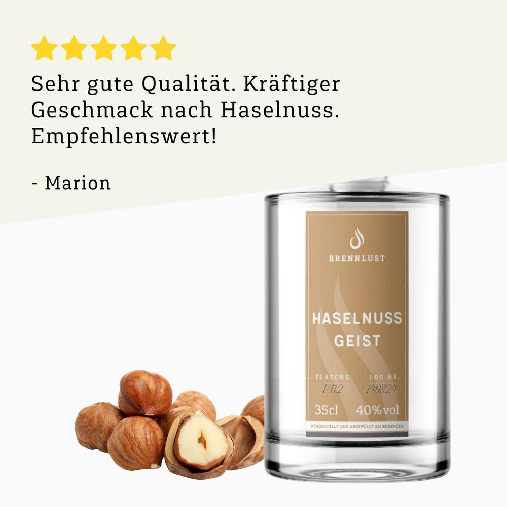 Rezension 5 Sterne | Haselnuss Geist 350ml Flasche von BRENNLUST Destillerie Bodensee