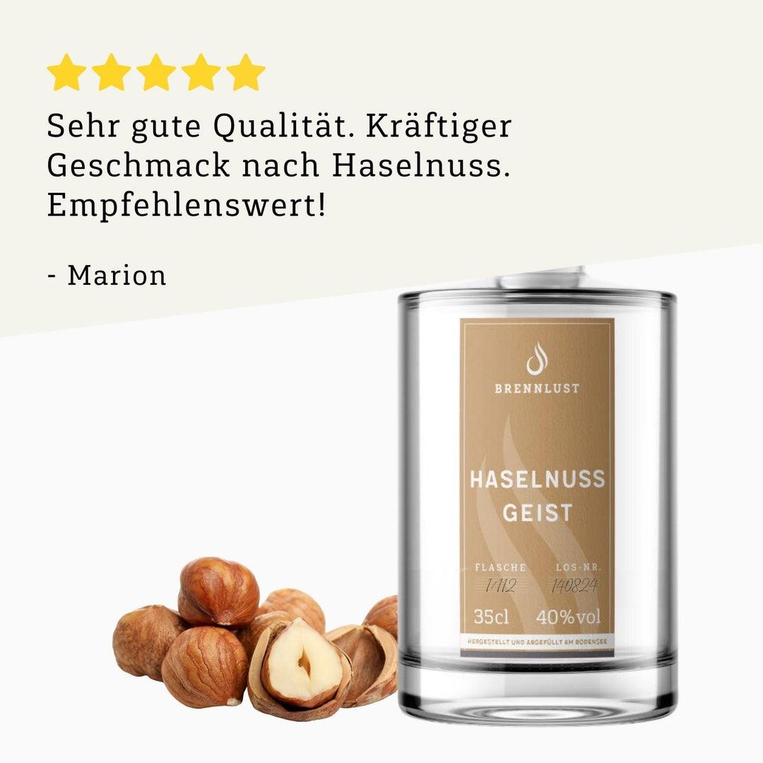 Rezension 5 Sterne | Haselnuss Geist 350ml Flasche von BRENNLUST Destillerie Bodensee