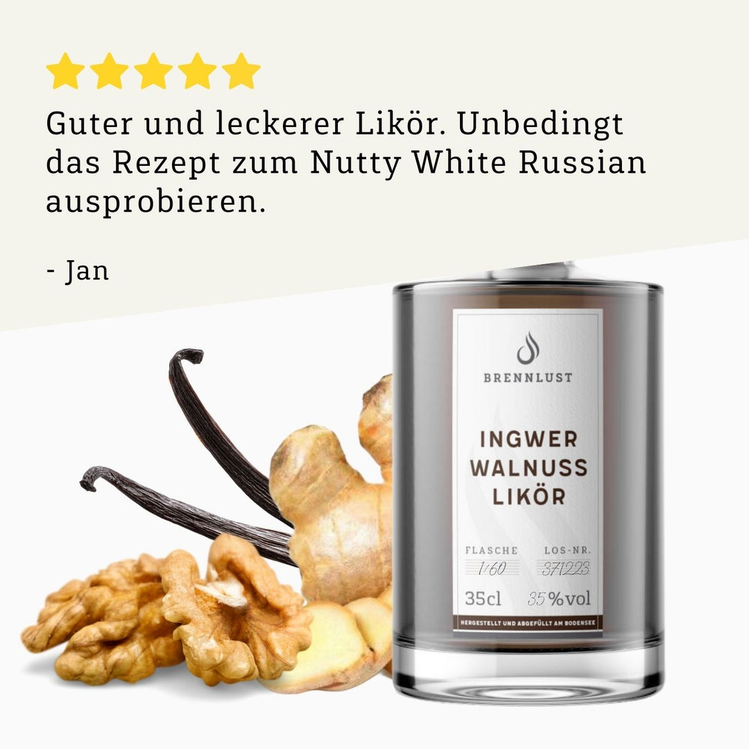 Rezension 5 Sterne | Ingwer Walnuss Likör 350ml Flasche von BRENNLUST Destillerie Bodensee