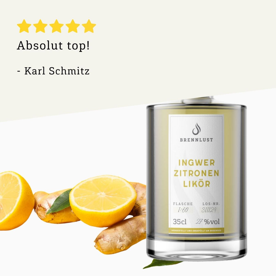 Rezension 5 Sterne | Ingwer Zitronen Likör 350ml Flasche von BRENNLUST Destillerie Bodensee