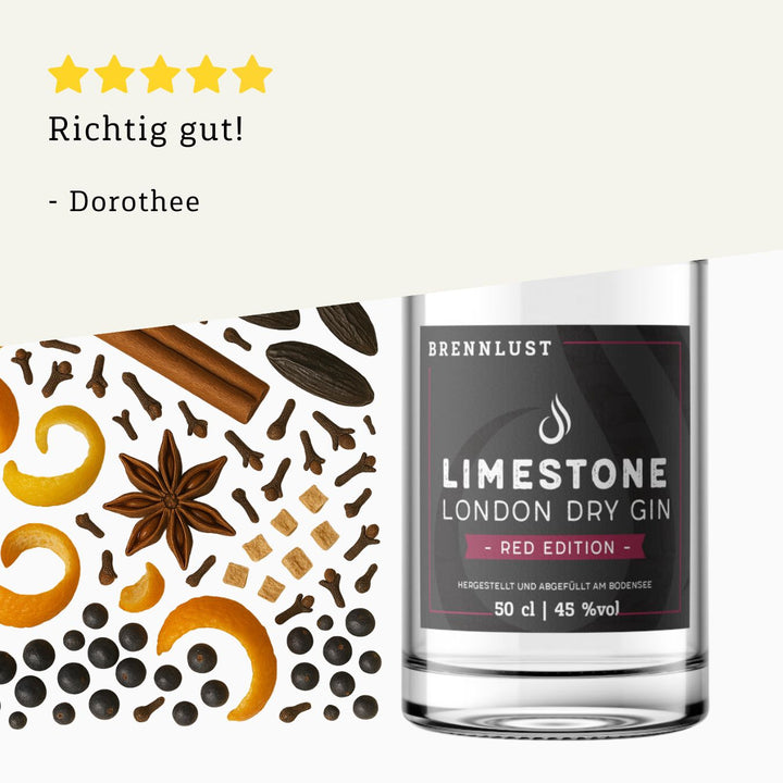 Rezension 5 Sterne | London Gin Red Edition 500ml Flasche von BRENNLUST Destillerie Bodensee