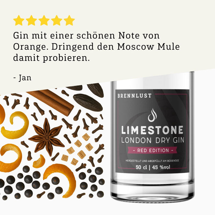 Rezension 5 Sterne | London Gin Red Edition 500ml Flasche von BRENNLUST Destillerie Bodensee