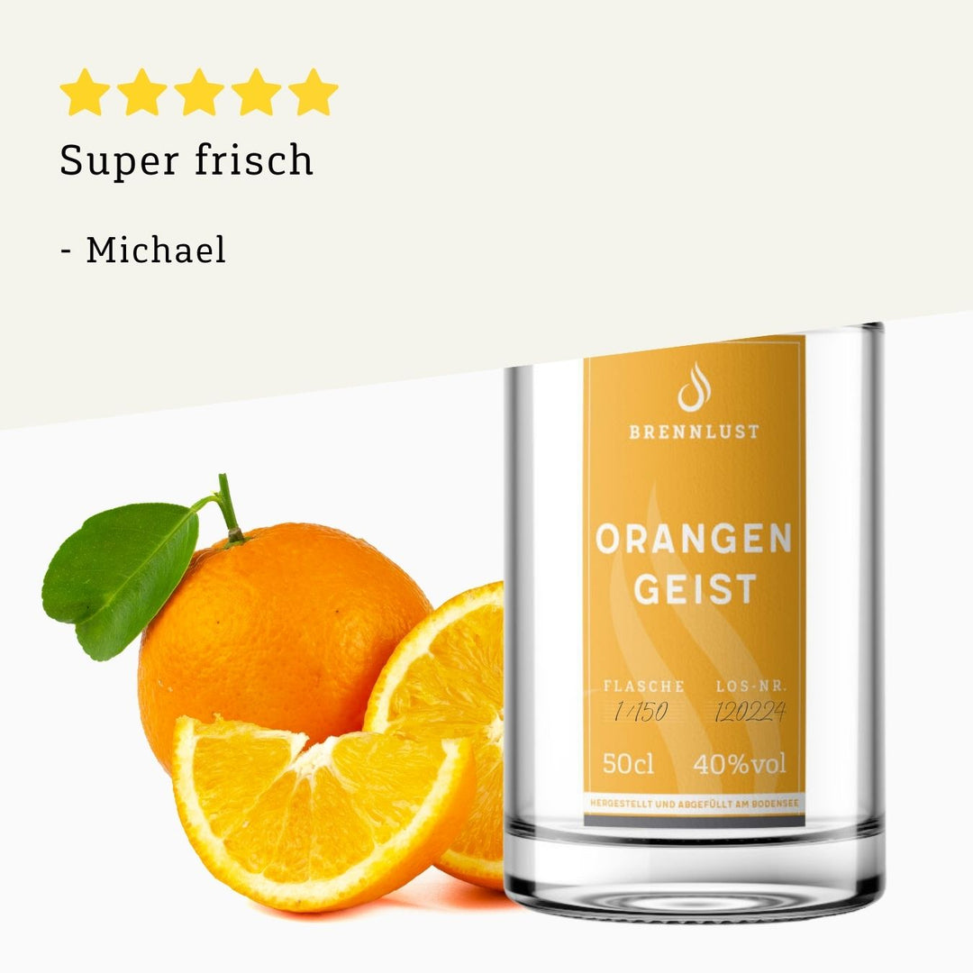 Rezension 5 Sterne | Orangen Geist 500ml Flasche von BRENNLUST Destillerie Bodensee