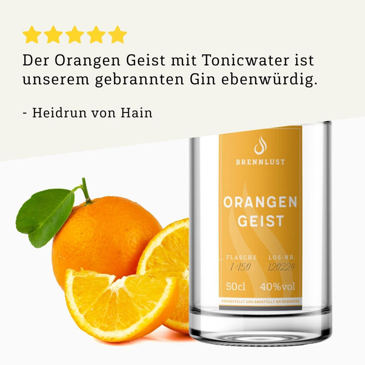 Rezension 5 Sterne | Orangen Geist 500ml Flasche von BRENNLUST Destillerie Bodensee