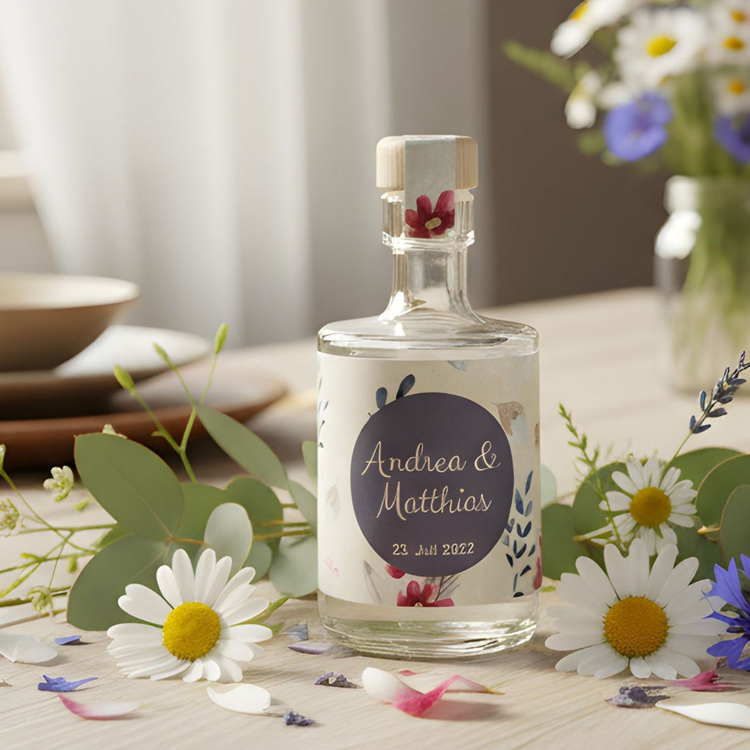 Personalisiertes Gastgeschenk zur Hochzeit: 50ml Spirituosen-Mini mit verspieltem Etikett auf einer bunter Blumen-Tafel.