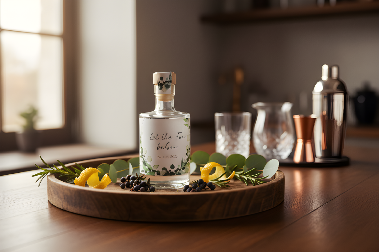 Personalisiertes Gastgeschenk zur Hochzeit: 50ml Spirituosen-Mini mit elegantem, schlichtem Etikett auf einer festlichen Tafel.