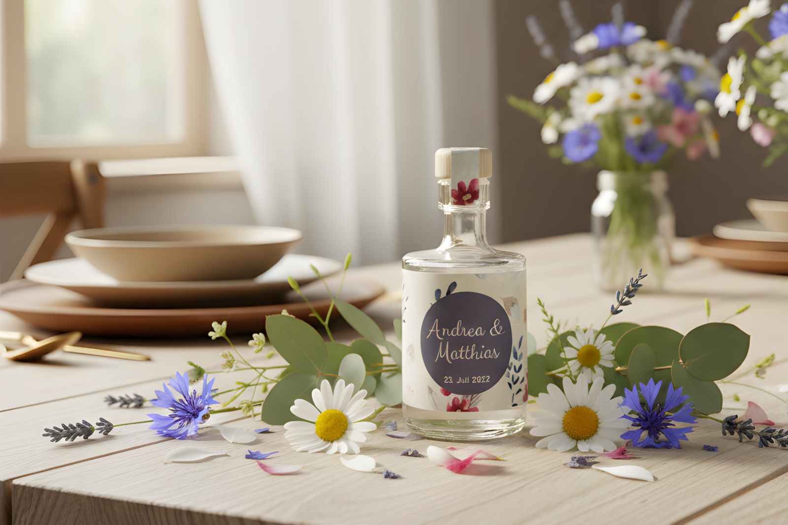 Personalisiertes Gastgeschenk zur Hochzeit: 50ml Spirituosen-Mini mit verspieltem Etikett auf einer bunter Blumen-Tafel.