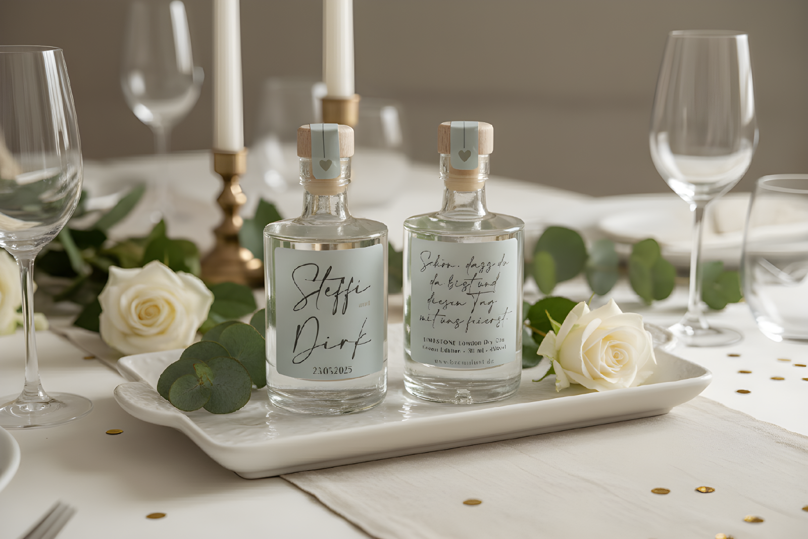Personalisiertes Gastgeschenk zur Hochzeit: 50ml Spirituosen-Mini mit elegantem, schlichtem Etikett auf einer festlichen Tafel.
