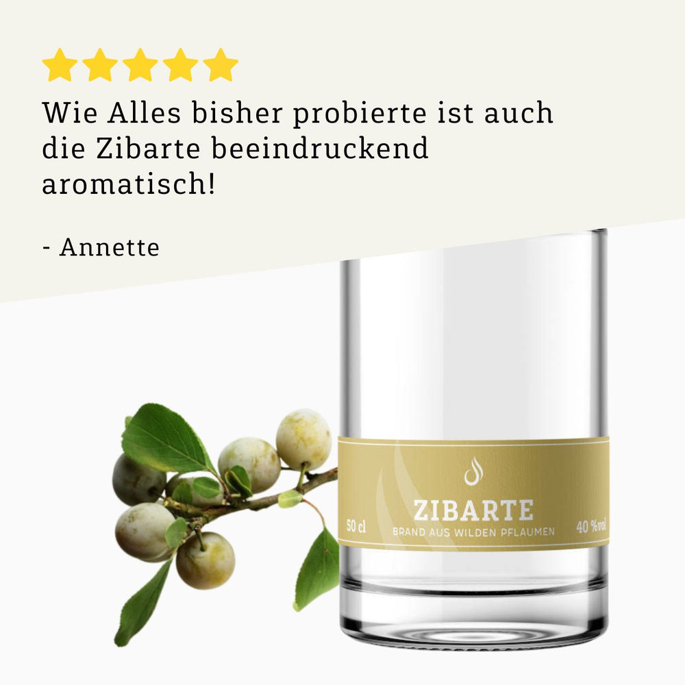 Rezension 5 Sterne | Zibarte Obstbrand 500ml Flasche von BRENNLUST Destillerie Bodensee